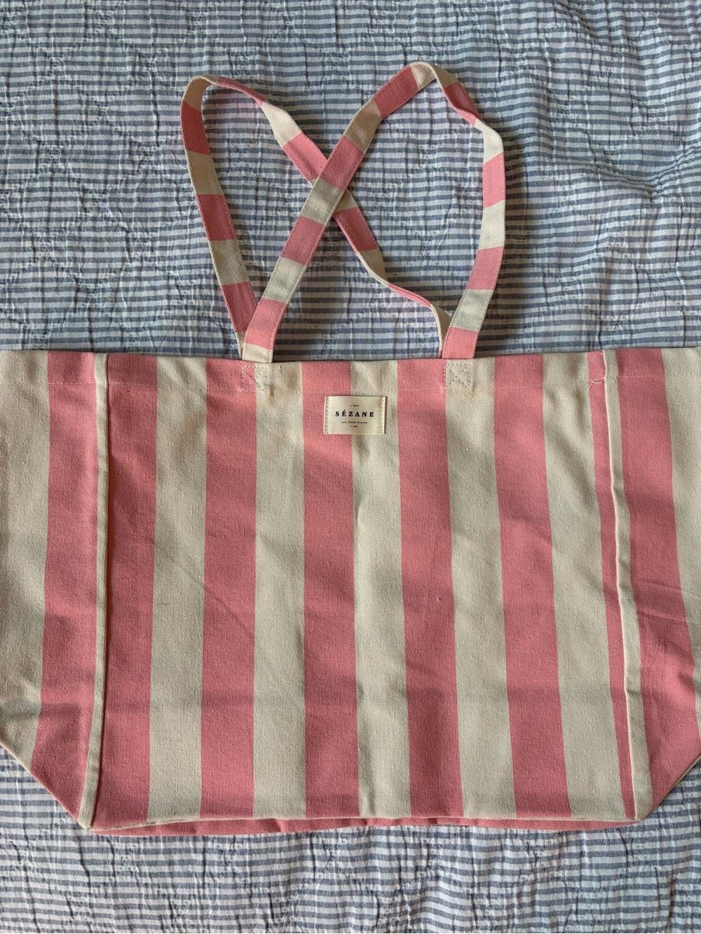 Sezane - Pink & Cream Striped Canvas Tote Bag